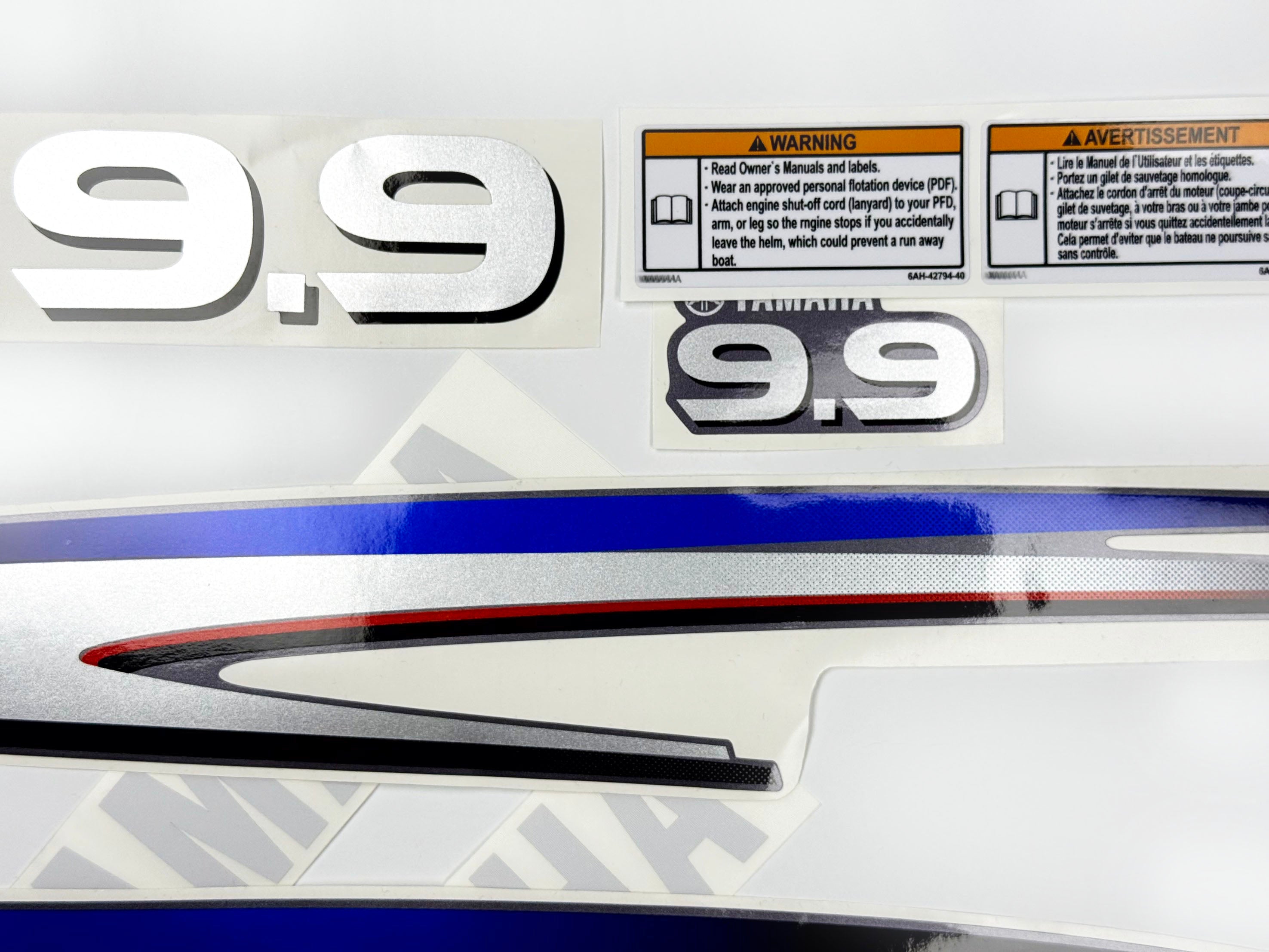 Vinyl graphic decals metalized silver shimmer set suitable for Yamaha 9.9 hp two stroke outboard engine. Vinyl stickers kit for Yamaha 9.9 hp two stroke Handmade