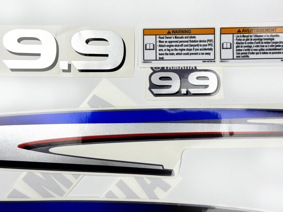 Vinyl graphic decals metalized silver shimmer set suitable for Yamaha 9.9 hp two stroke outboard engine. Vinyl stickers kit for Yamaha 9.9 hp two stroke Handmade