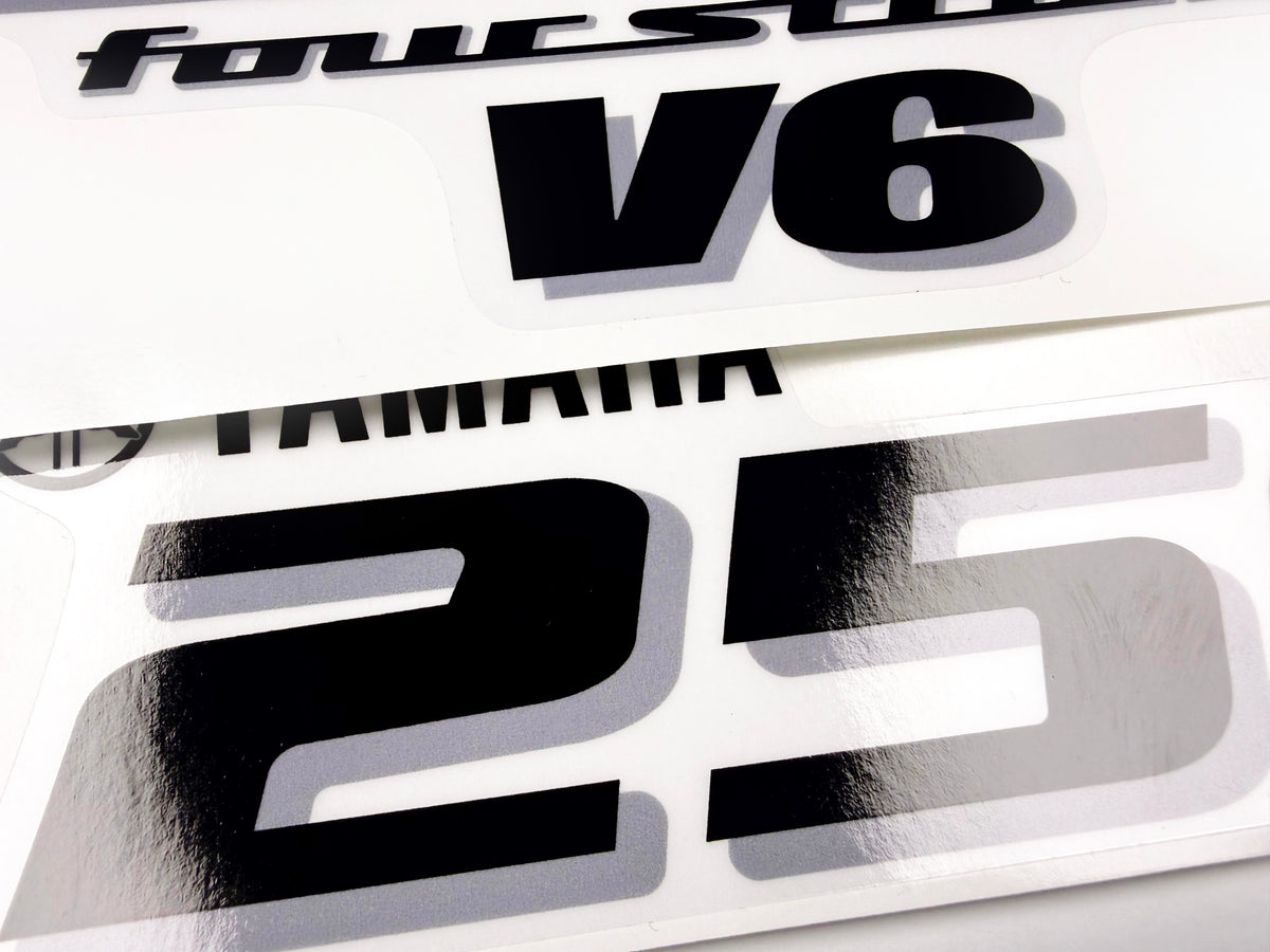 Vinyl black with clear film decals set suitable for Yamaha 250 hp four stroke outboard engine for white cover. Vinyl stickers kit for Yamaha 225 hp four stroke Handmade