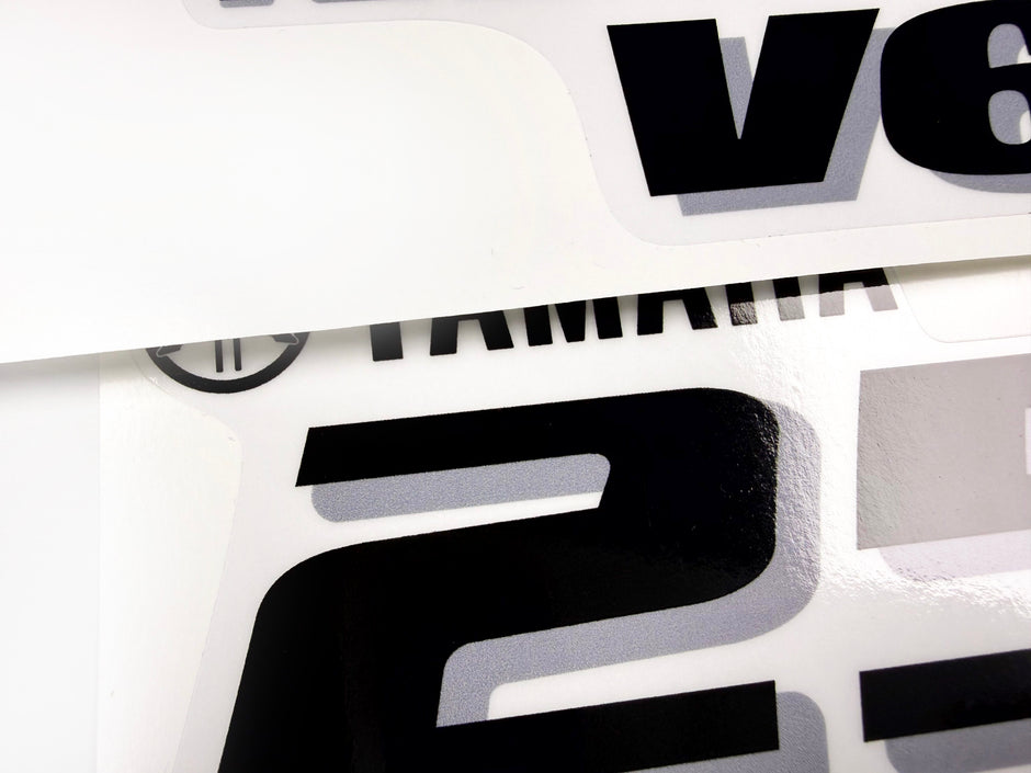 Vinyl black with clear film decals set suitable for Yamaha 250 hp four stroke outboard engine for white cover. Vinyl stickers kit for Yamaha 225 hp four stroke Handmade