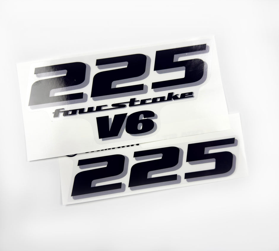 Vinyl black with clear film decals set suitable for Yamaha 225 hp four stroke outboard engine for white cover. Vinyl stickers kit for Yamaha 225 hp four stroke Handmade