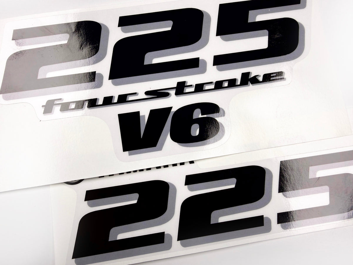Vinyl black with clear film decals set suitable for Yamaha 225 hp four stroke outboard engine for white cover. Vinyl stickers kit for Yamaha 225 hp four stroke Handmade