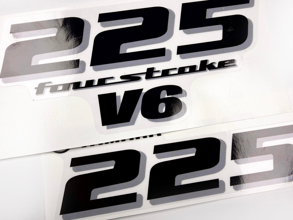 Vinyl black with clear film decals set suitable for Yamaha 225 hp four stroke outboard engine for white cover. Vinyl stickers kit for Yamaha 225 hp four stroke Handmade