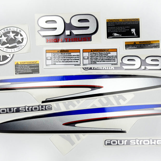 Vinyl graphic metalized silver decals set suitable for Yamaha 9.9 hp four stroke high thrust outboard engine. Vinyl stickers kit for Yamaha 9.9 hp four stroke Handmade