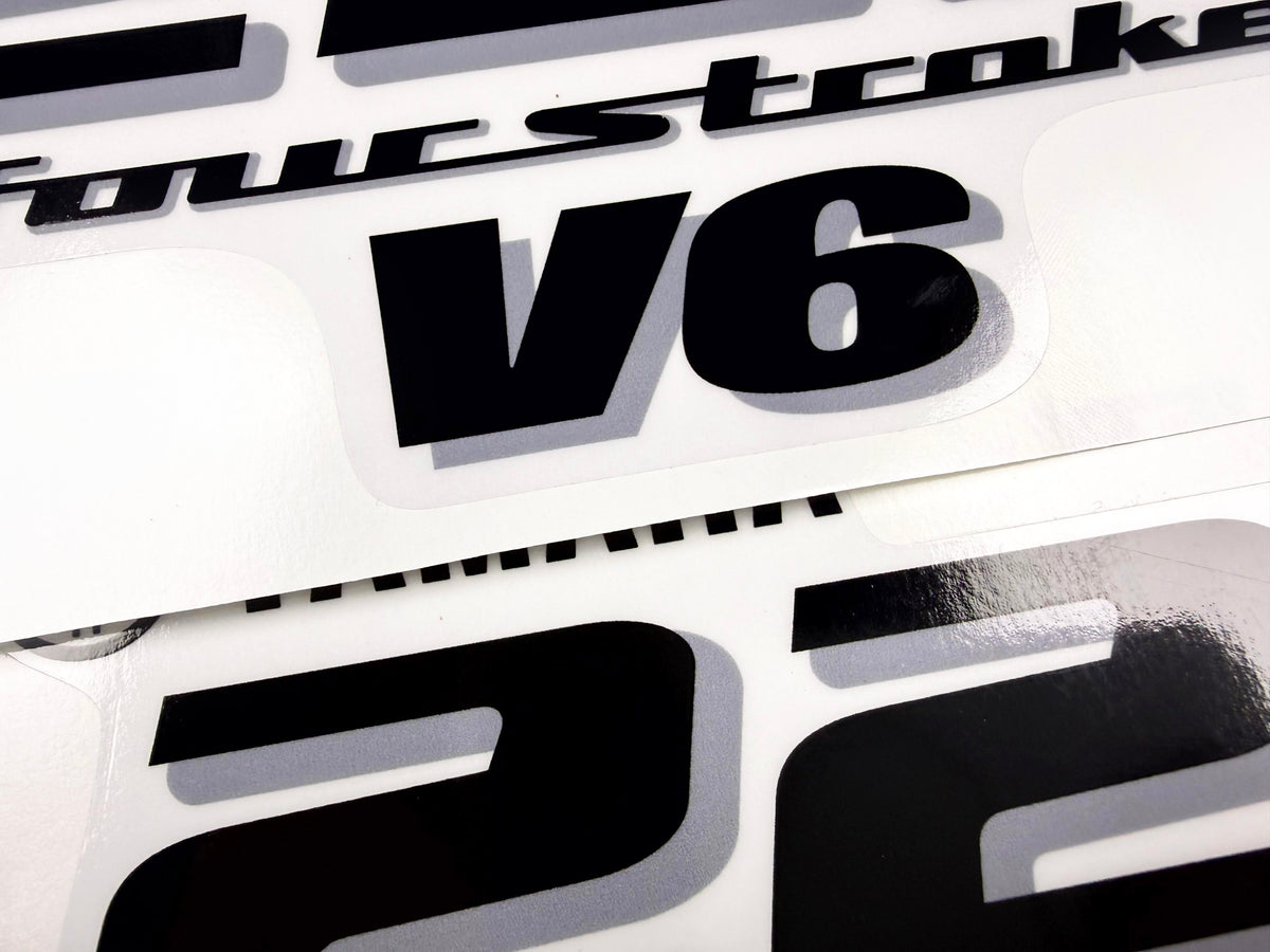 Vinyl black with clear film decals set suitable for Yamaha 225 hp four stroke outboard engine for white cover. Vinyl stickers kit for Yamaha 225 hp four stroke Handmade