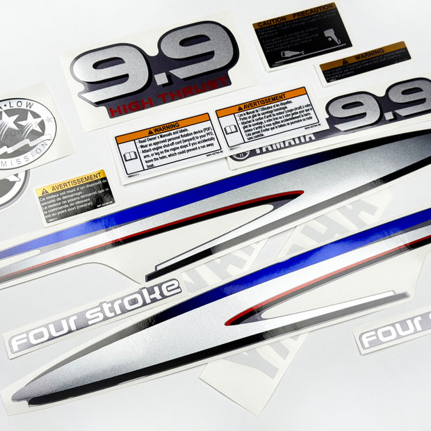 Vinyl graphic metalized silver decals set suitable for Yamaha 9.9 hp four stroke high thrust outboard engine. Vinyl stickers kit for Yamaha 9.9 hp four stroke Handmade