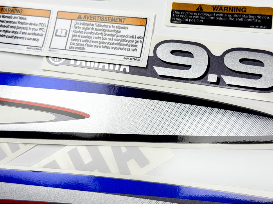 Vinyl graphic metalized silver decals set suitable for Yamaha 9.9 hp four stroke high thrust outboard engine. Vinyl stickers kit for Yamaha 9.9 hp four stroke Handmade