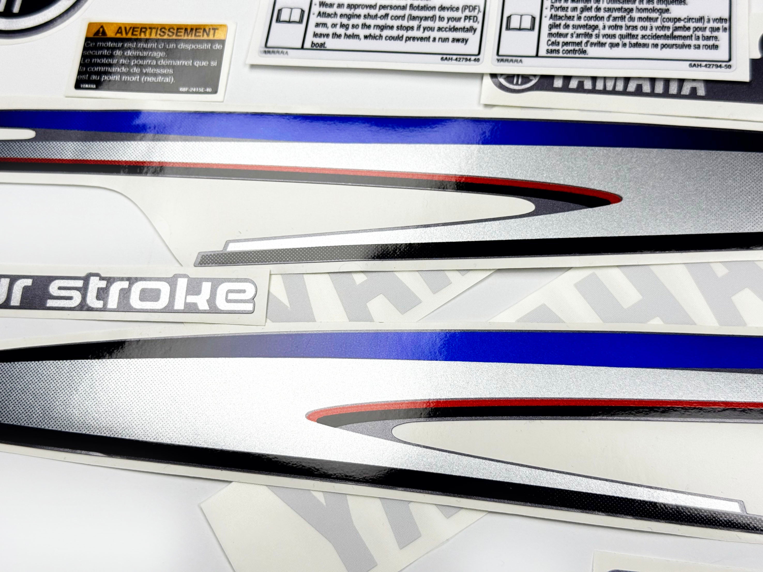 Vinyl graphic metalized silver decals set suitable for Yamaha 9.9 hp four stroke high thrust outboard engine. Vinyl stickers kit for Yamaha 9.9 hp four stroke Handmade