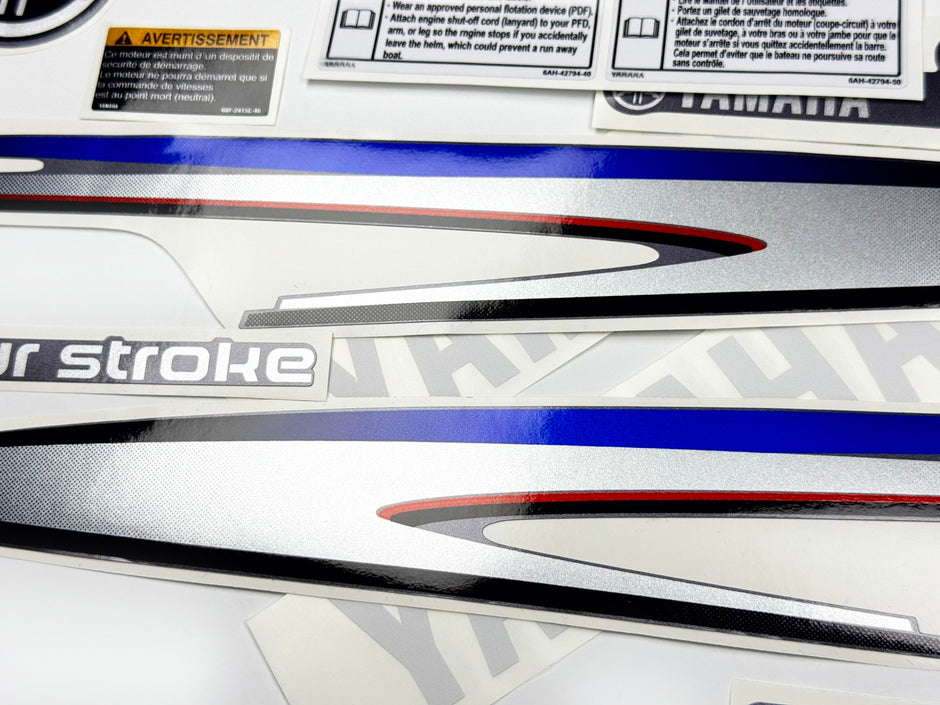 Vinyl graphic metalized silver decals set suitable for Yamaha 9.9 hp four stroke high thrust outboard engine. Vinyl stickers kit for Yamaha 9.9 hp four stroke Handmade
