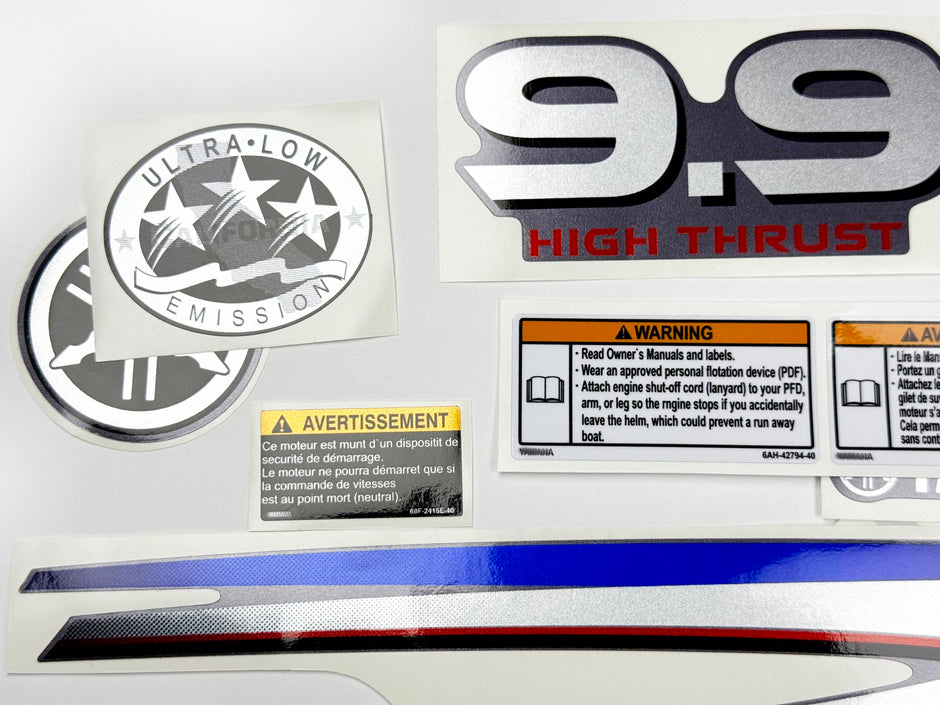 Vinyl graphic metalized silver decals set suitable for Yamaha 9.9 hp four stroke high thrust outboard engine. Vinyl stickers kit for Yamaha 9.9 hp four stroke Handmade