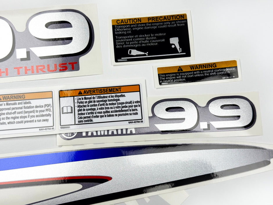 Vinyl graphic metalized silver decals set suitable for Yamaha 9.9 hp four stroke high thrust outboard engine. Vinyl stickers kit for Yamaha 9.9 hp four stroke Handmade