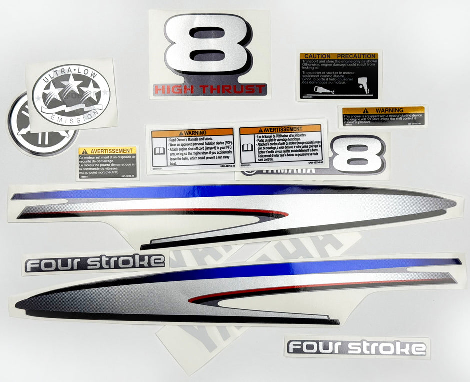 Vinyl graphic metalized silver decals set suitable for Yamaha 8 hp four stroke high thrust outboard engine. Vinyl stickers kit for Yamaha 8 hp four stroke Handmade