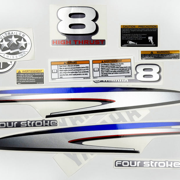 Vinyl graphic metalized silver decals set suitable for Yamaha 8 hp four stroke high thrust outboard engine. Vinyl stickers kit for Yamaha 8 hp four stroke Handmade