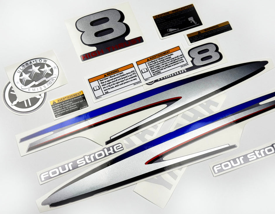 Vinyl graphic metalized silver decals set suitable for Yamaha 8 hp four stroke high thrust outboard engine. Vinyl stickers kit for Yamaha 8 hp four stroke Handmade