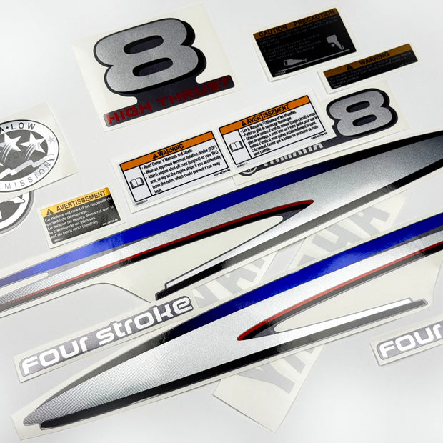 Vinyl graphic metalized silver decals set suitable for Yamaha 8 hp four stroke high thrust outboard engine. Vinyl stickers kit for Yamaha 8 hp four stroke Handmade