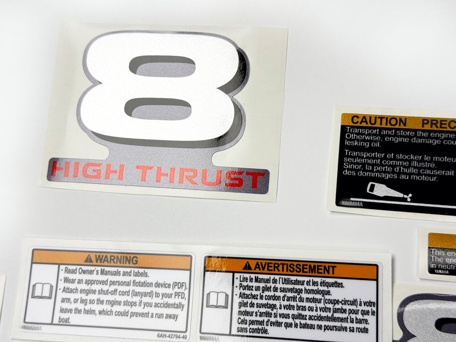 Vinyl graphic metalized silver decals set suitable for Yamaha 8 hp four stroke high thrust outboard engine. Vinyl stickers kit for Yamaha 8 hp four stroke Handmade