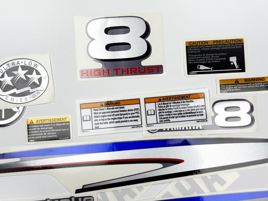 Vinyl graphic metalized silver decals set suitable for Yamaha 8 hp four stroke high thrust outboard engine. Vinyl stickers kit for Yamaha 8 hp four stroke Handmade