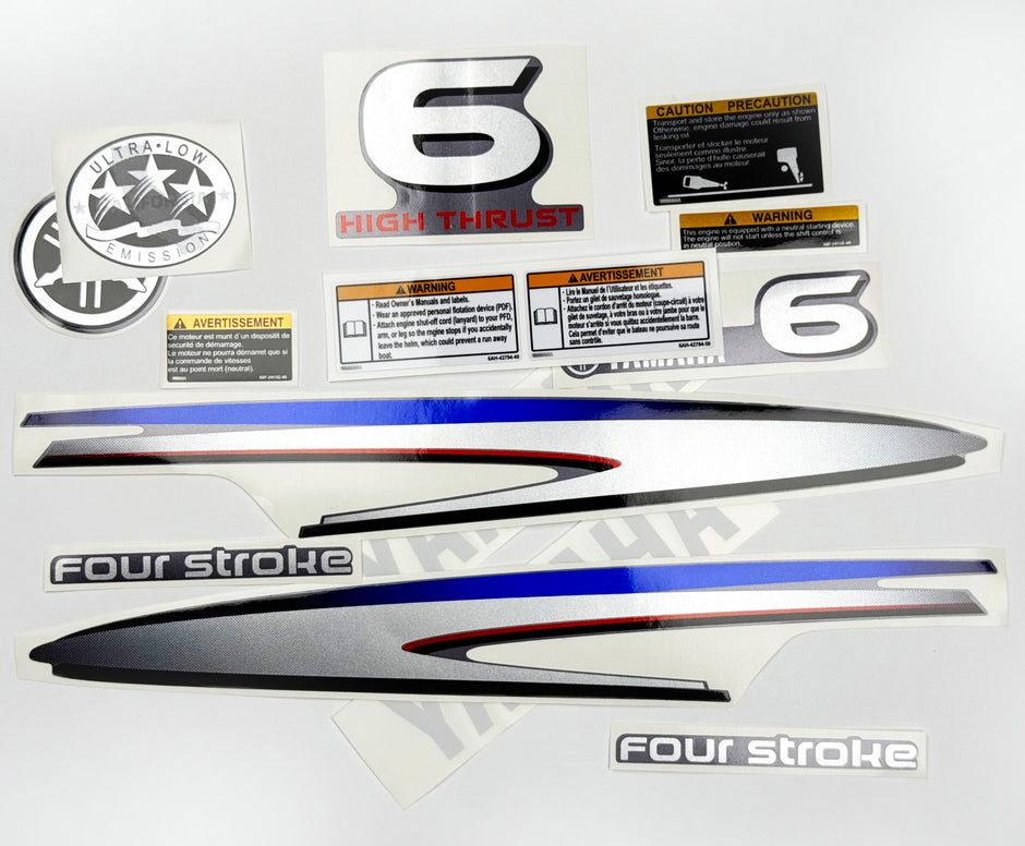 Vinyl graphic metalized silver decals set suitable for Yamaha 6 hp four stroke high thrust outboard engine. Vinyl stickers kit for Yamaha 6 hp four stroke Handmade