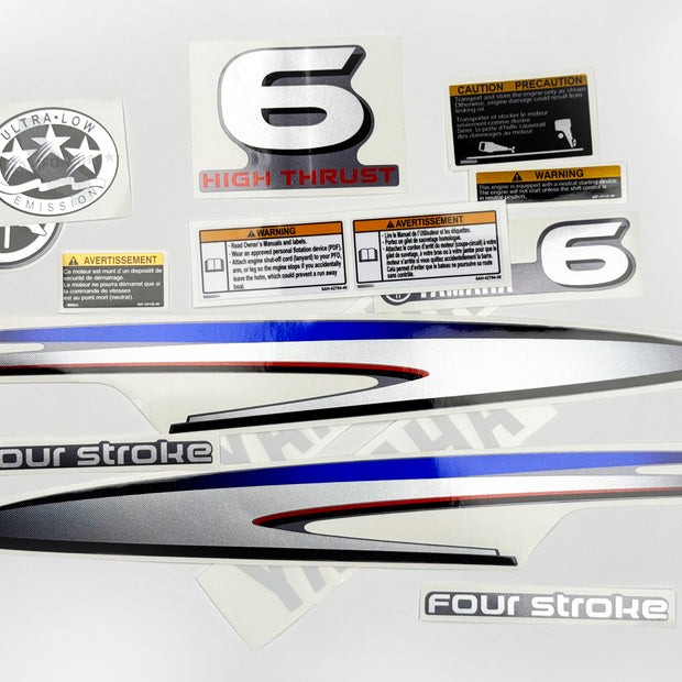 Vinyl graphic metalized silver decals set suitable for Yamaha 6 hp four stroke high thrust outboard engine. Vinyl stickers kit for Yamaha 6 hp four stroke Handmade