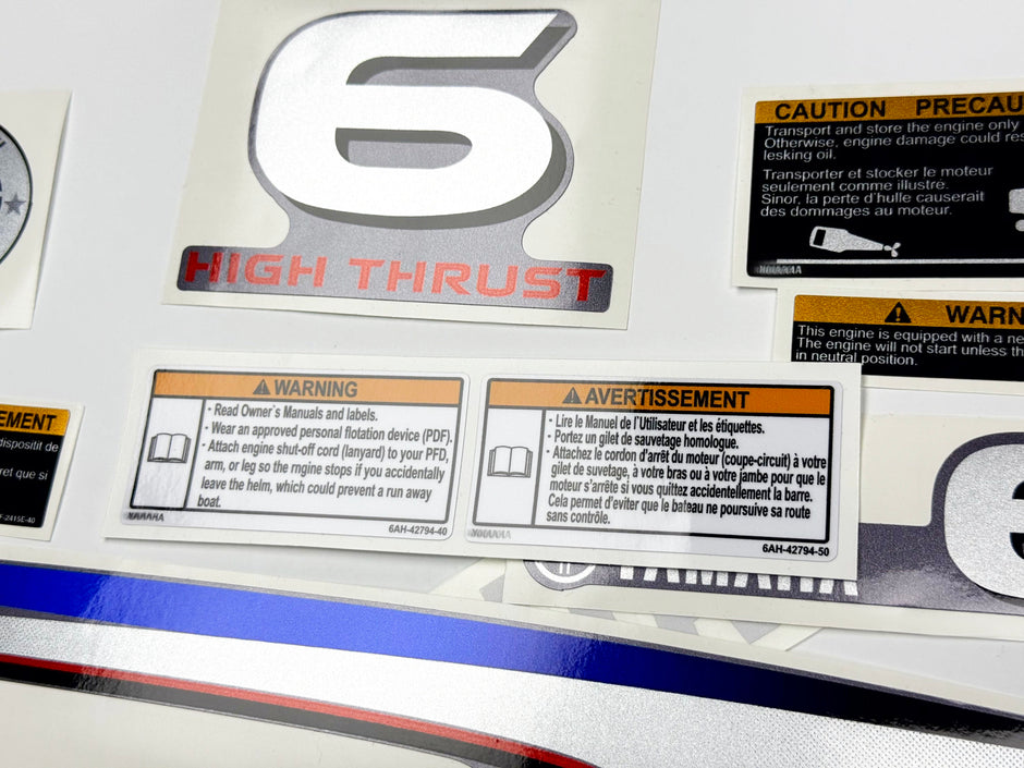 Vinyl graphic metalized silver decals set suitable for Yamaha 6 hp four stroke high thrust outboard engine. Vinyl stickers kit for Yamaha 6 hp four stroke Handmade