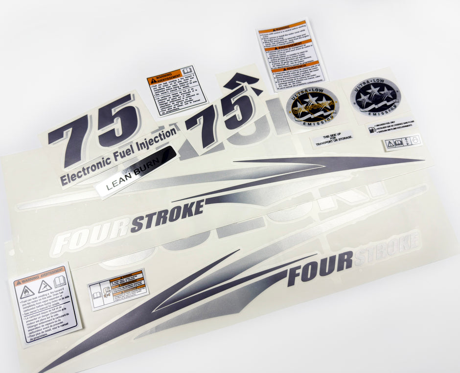 Vinyl graphic decals silver shimmer film set suitable for Suzuki 75 hp outboard engine four stroke white cover. Vinyl stickers kit for suzuki 75 hp Handmade