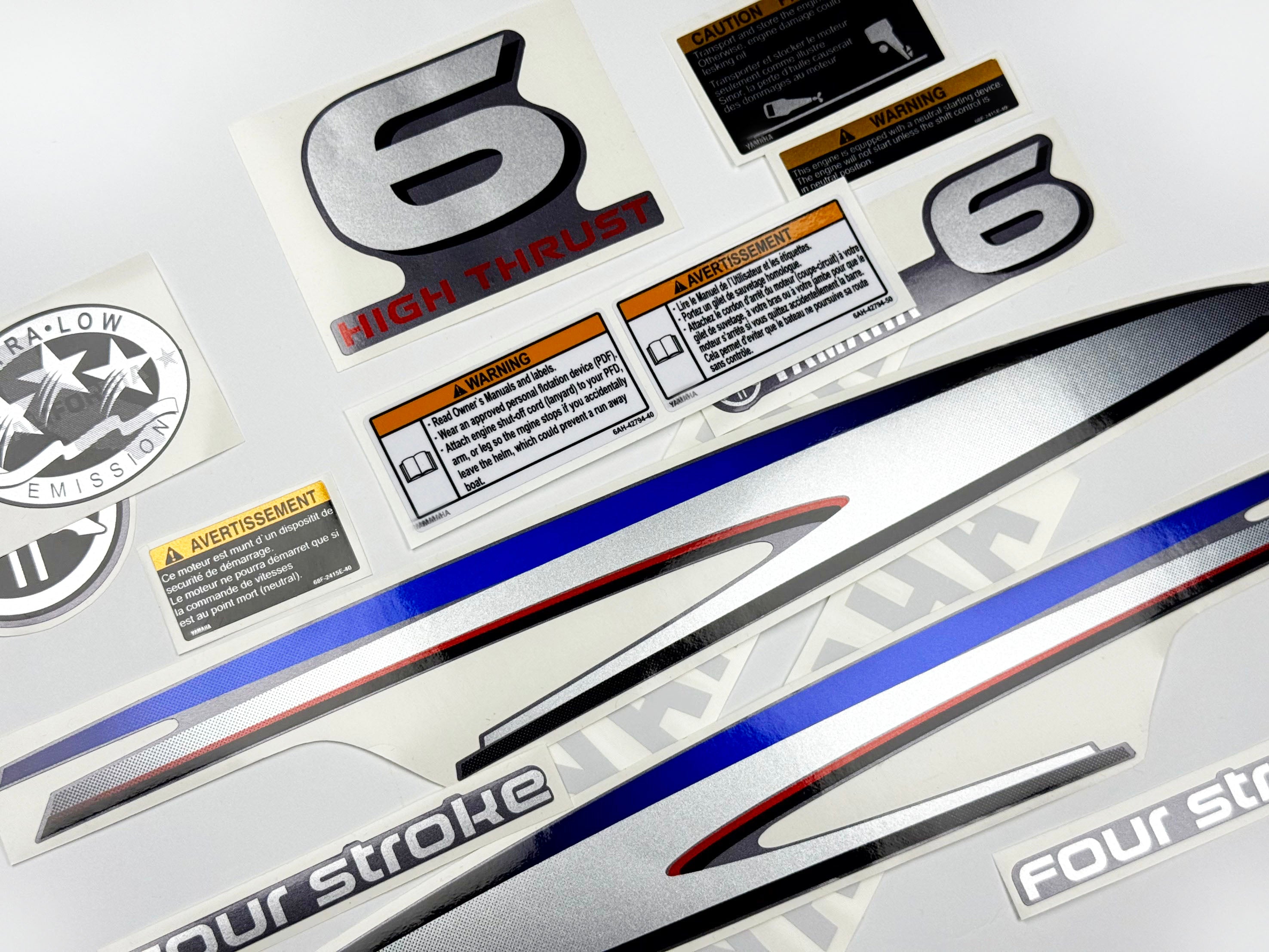 Vinyl graphic metalized silver decals set suitable for Yamaha 6 hp four stroke high thrust outboard engine. Vinyl stickers kit for Yamaha 6 hp four stroke Handmade