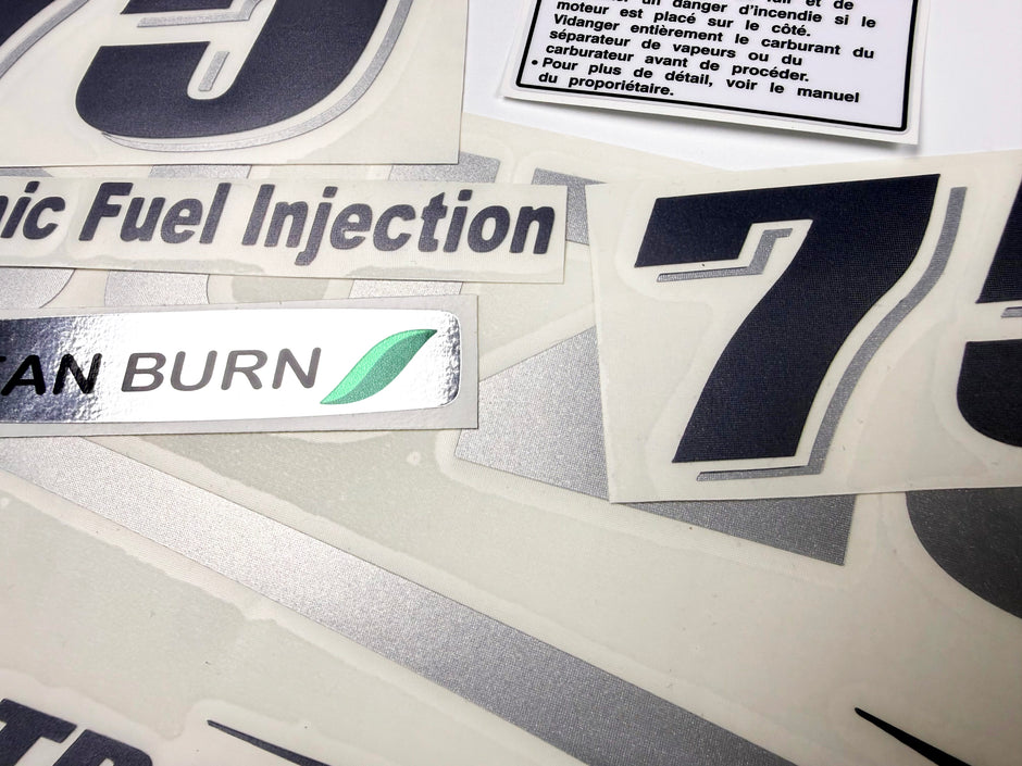 Vinyl graphic decals silver shimmer film set suitable for Suzuki 75 hp outboard engine four stroke white cover. Vinyl stickers kit for suzuki 75 hp Handmade
