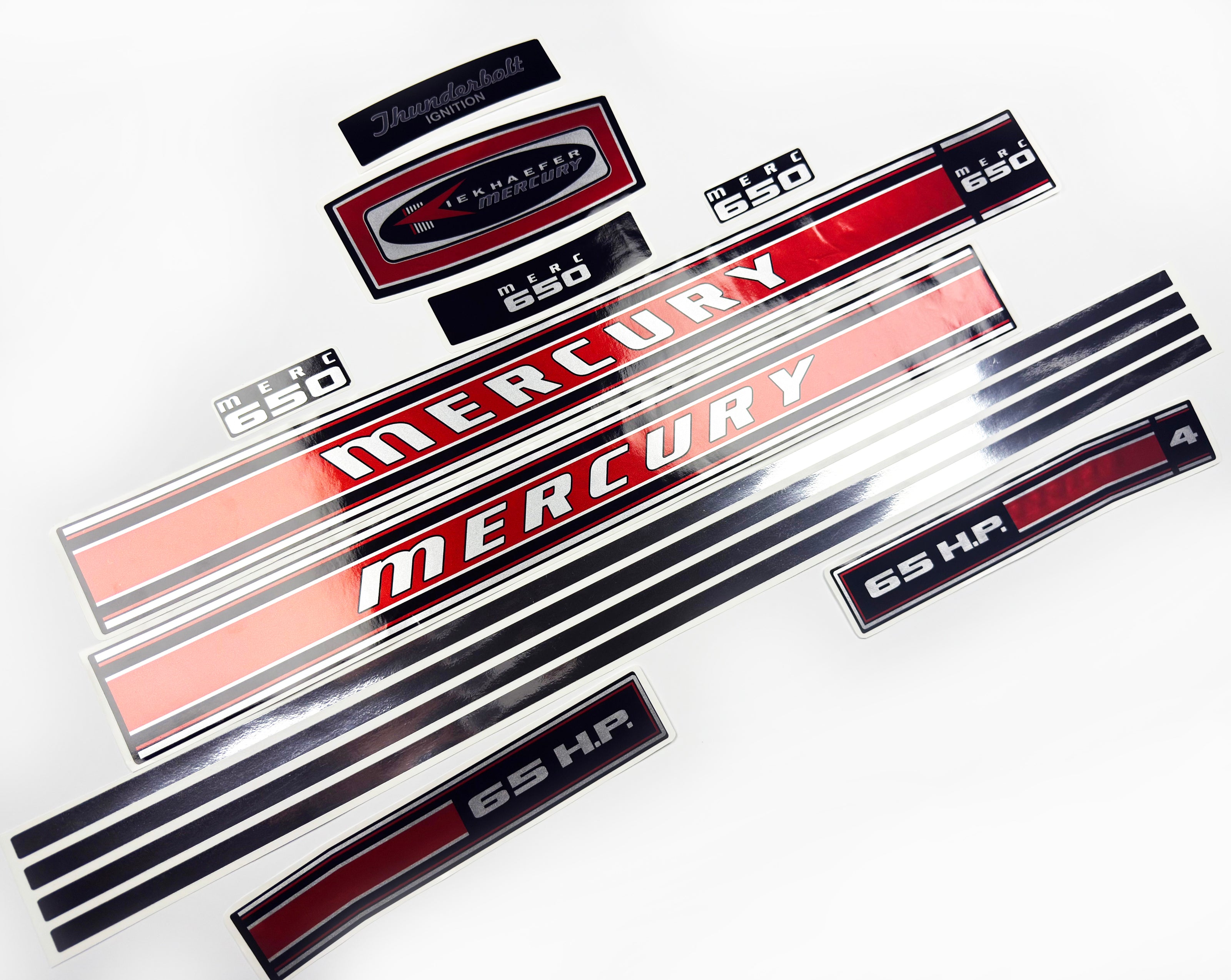 Vinyl graphic red with chrome shine retro decals set suitable for Mercury 6.5 hp outboard engine 1970