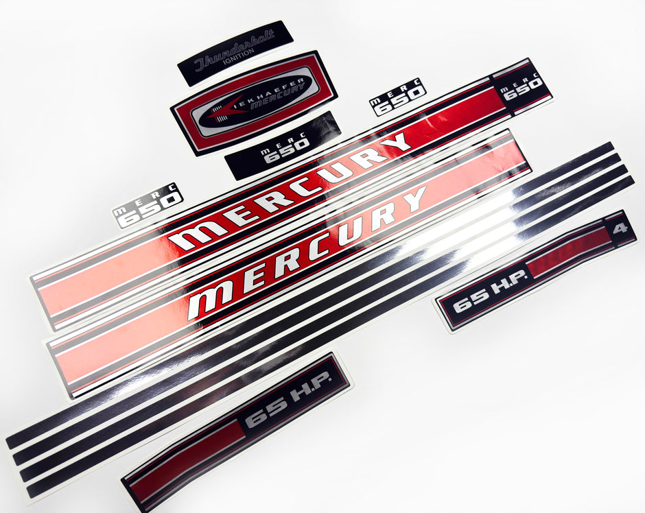 Vinyl graphic red with chrome shine retro decals set suitable for Mercury 6.5 hp outboard engine 1970"s . Vinyl stickers kit for Mercury 6.5 hp Handmade