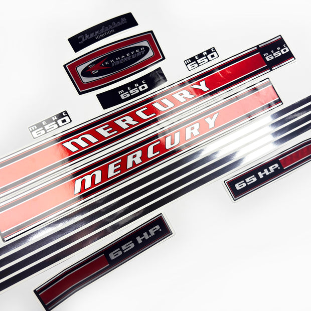 Vinyl graphic red with chrome shine retro decals set suitable for Mercury 6.5 hp outboard engine 1970"s . Vinyl stickers kit for Mercury 6.5 hp Handmade