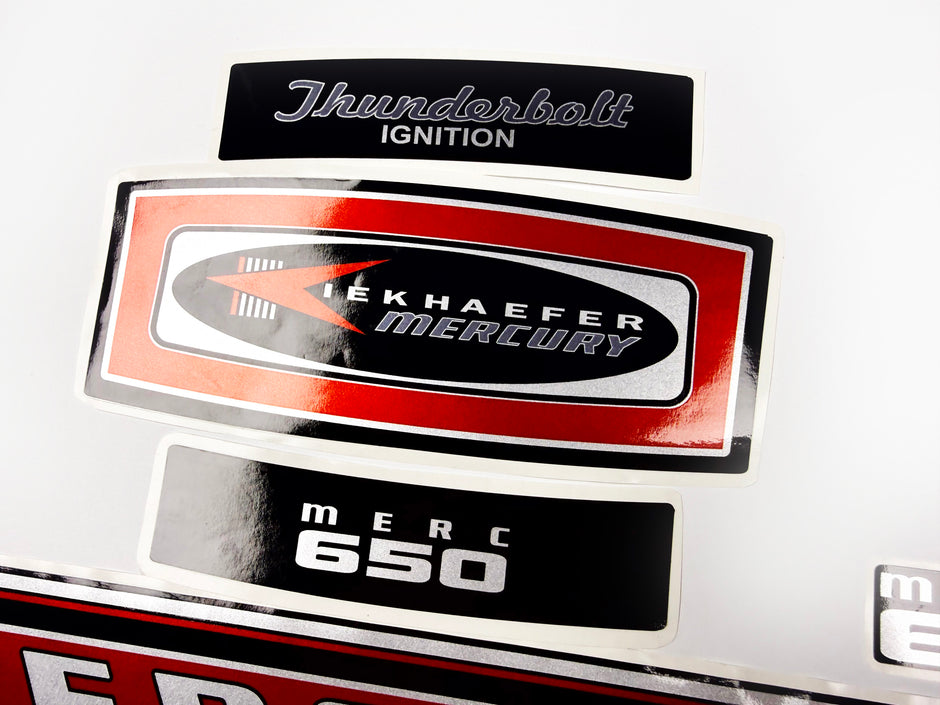 Vinyl graphic red with chrome shine retro decals set suitable for Mercury 6.5 hp outboard engine 1970