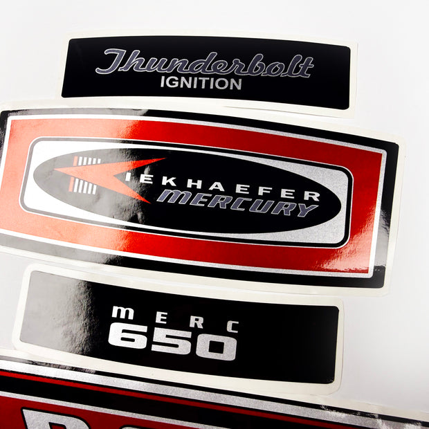 Vinyl graphic red with chrome shine retro decals set suitable for Mercury 6.5 hp outboard engine 1970"s . Vinyl stickers kit for Mercury 6.5 hp Handmade