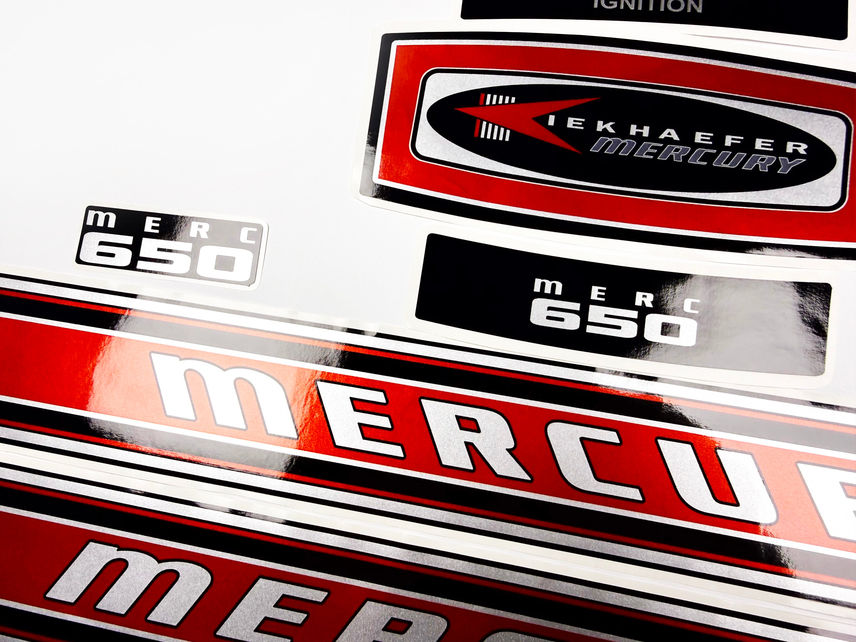 Vinyl graphic red with chrome shine retro decals set suitable for Mercury 6.5 hp outboard engine 1970