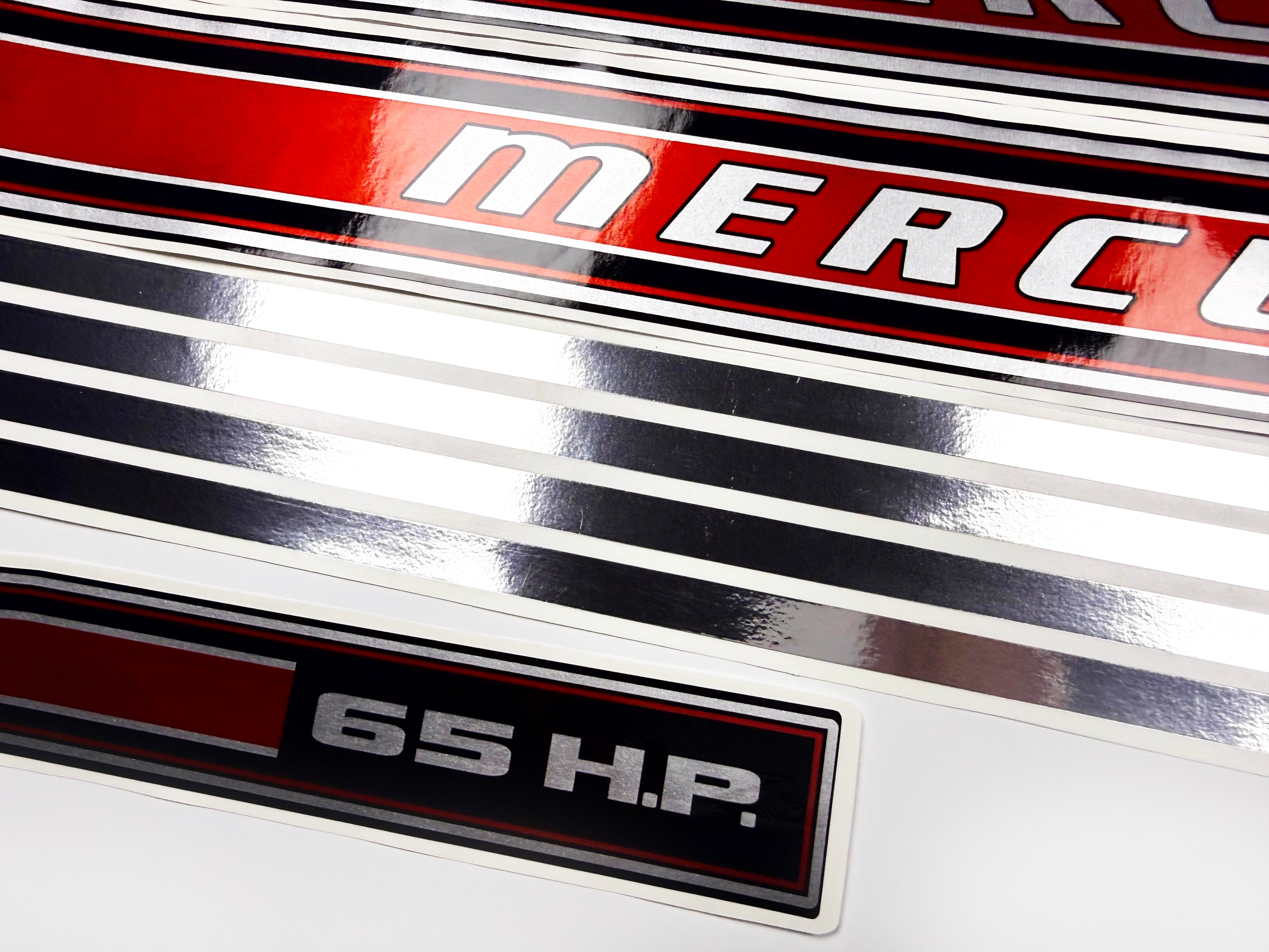 Vinyl graphic red with chrome shine retro decals set suitable for Mercury 6.5 hp outboard engine 1970