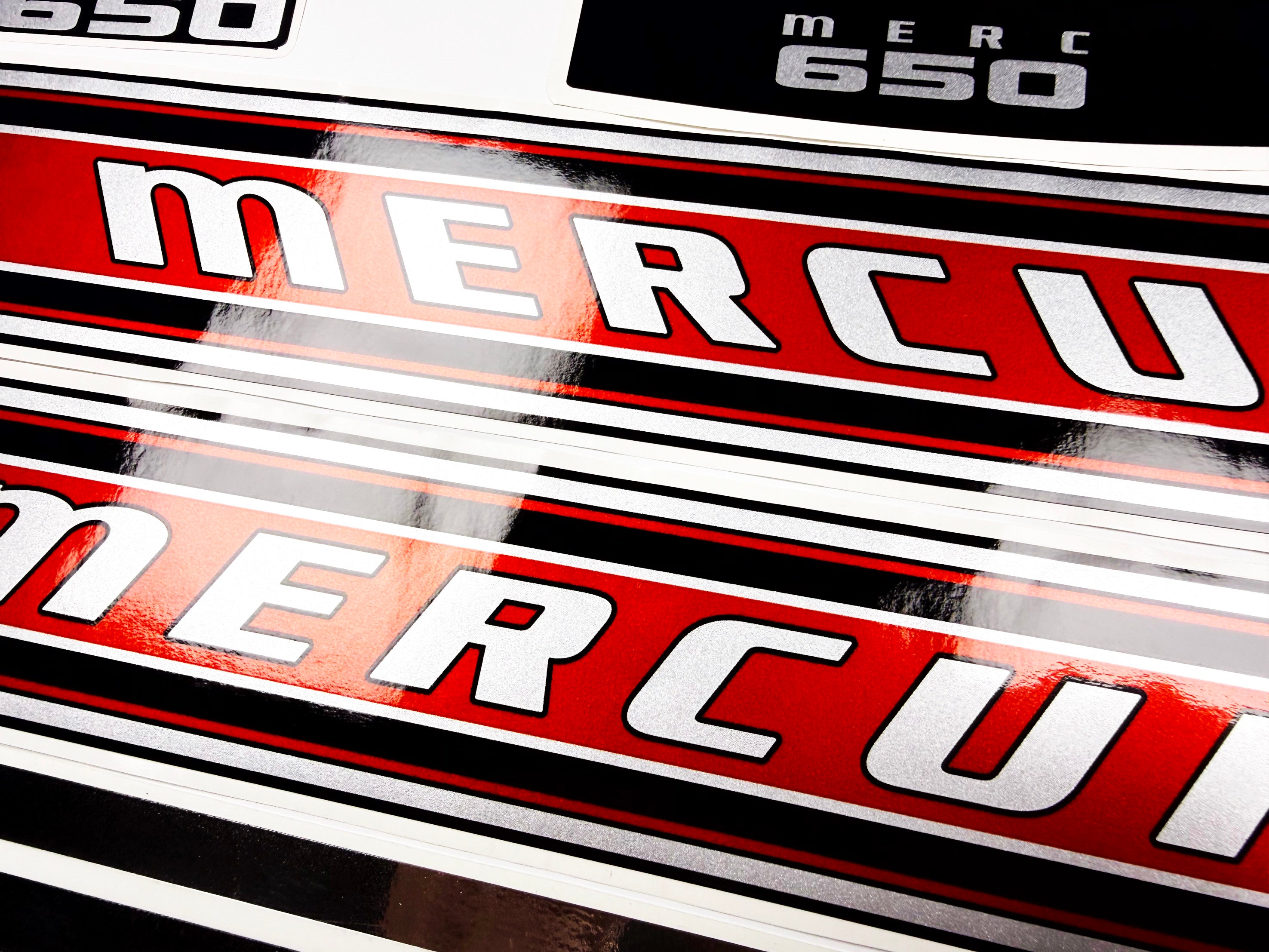 Vinyl graphic red with chrome shine retro decals set suitable for Mercury 6.5 hp outboard engine 1970