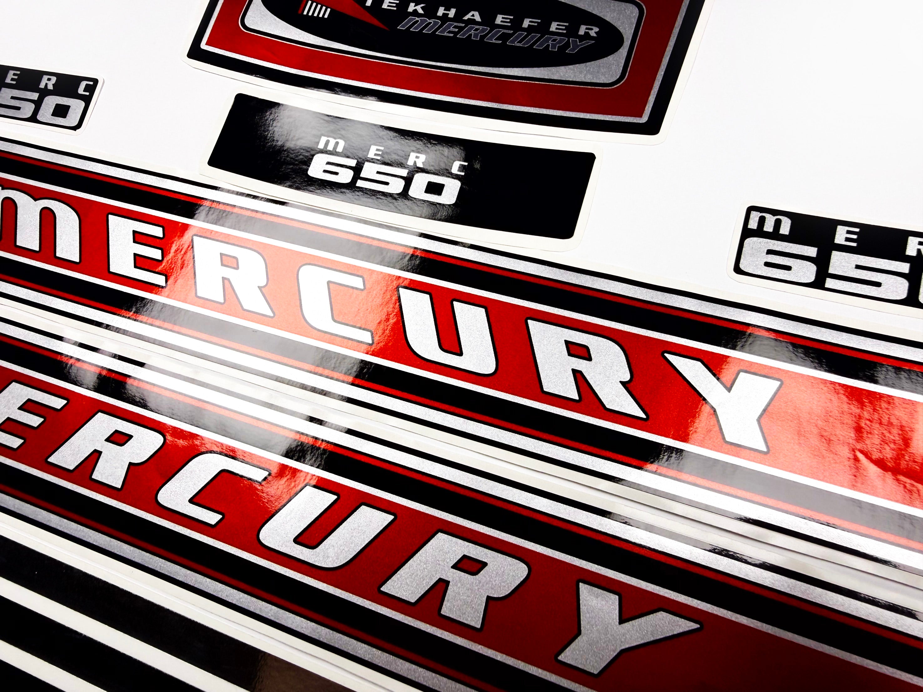 Vinyl graphic red with chrome shine retro decals set suitable for Mercury 6.5 hp outboard engine 1970