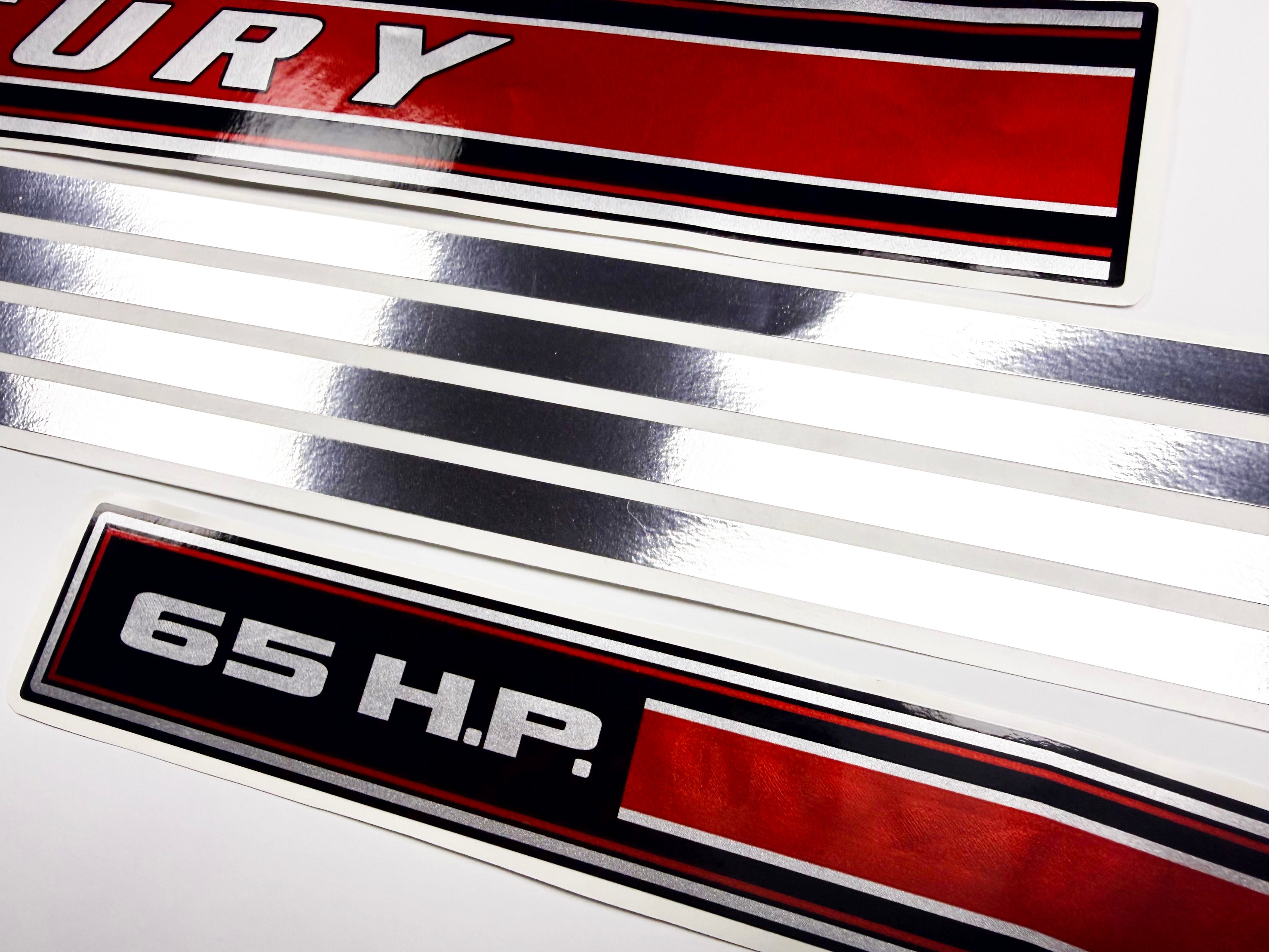 Vinyl graphic red with chrome shine retro decals set suitable for Mercury 6.5 hp outboard engine 1970