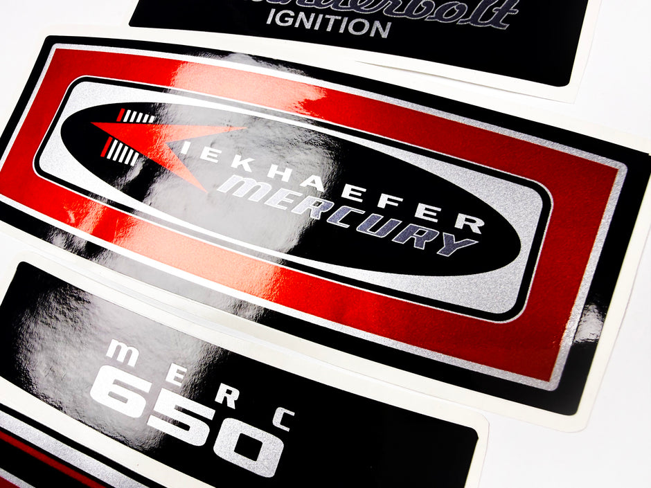 Vinyl graphic red with chrome shine retro decals set suitable for Mercury 6.5 hp outboard engine 1970