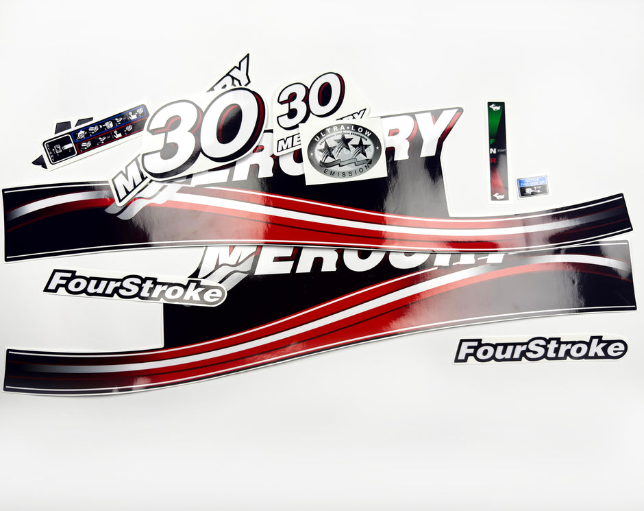 Vinyl graphic decals set suitable for Mercury 30 hp four stroke outboard engine. Vinyl stickers kit for Mercury 30 hp Handmade