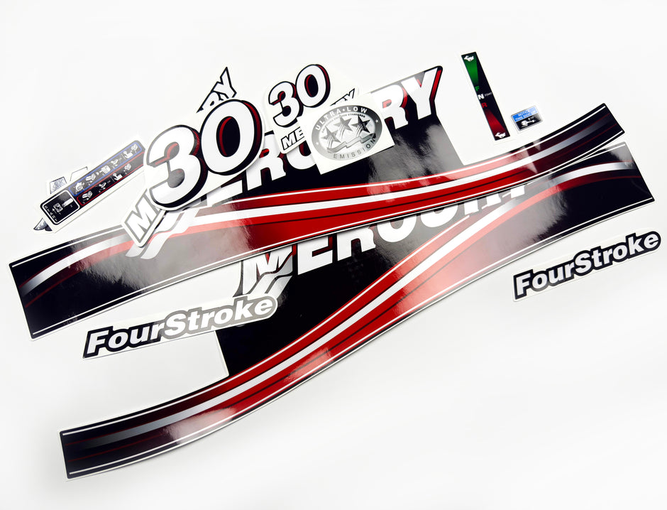 Vinyl graphic decals set suitable for Mercury 30 hp four stroke outboard engine. Vinyl stickers kit for Mercury 30 hp Handmade