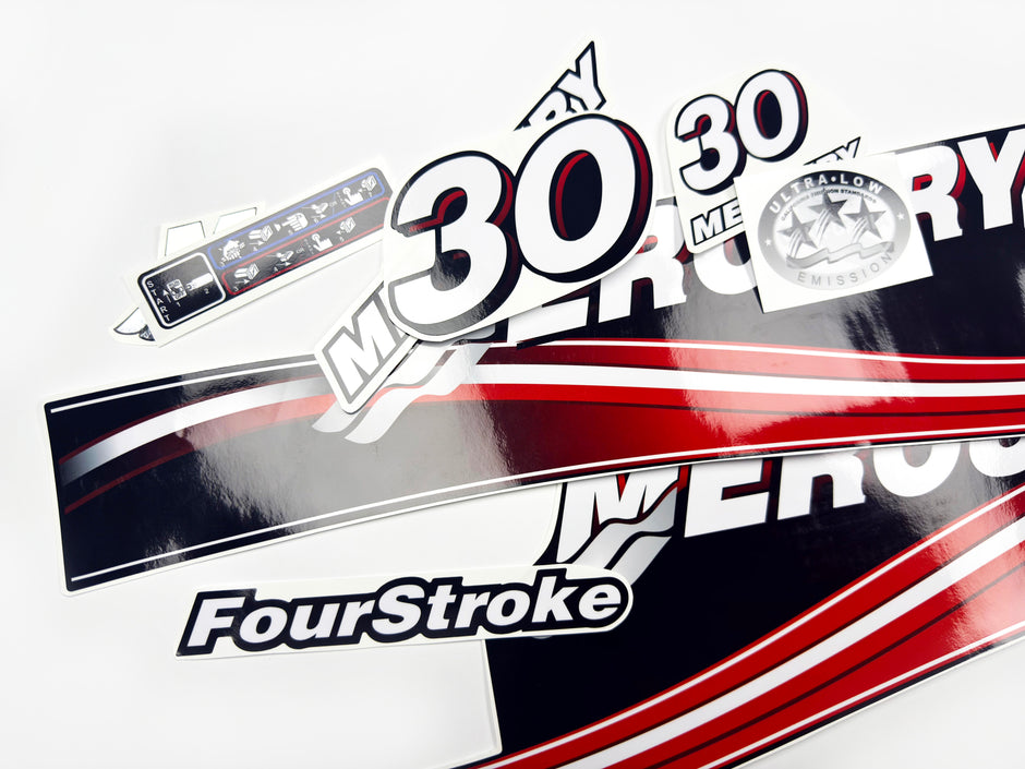 Vinyl graphic decals set suitable for Mercury 30 hp four stroke outboard engine. Vinyl stickers kit for Mercury 30 hp Handmade