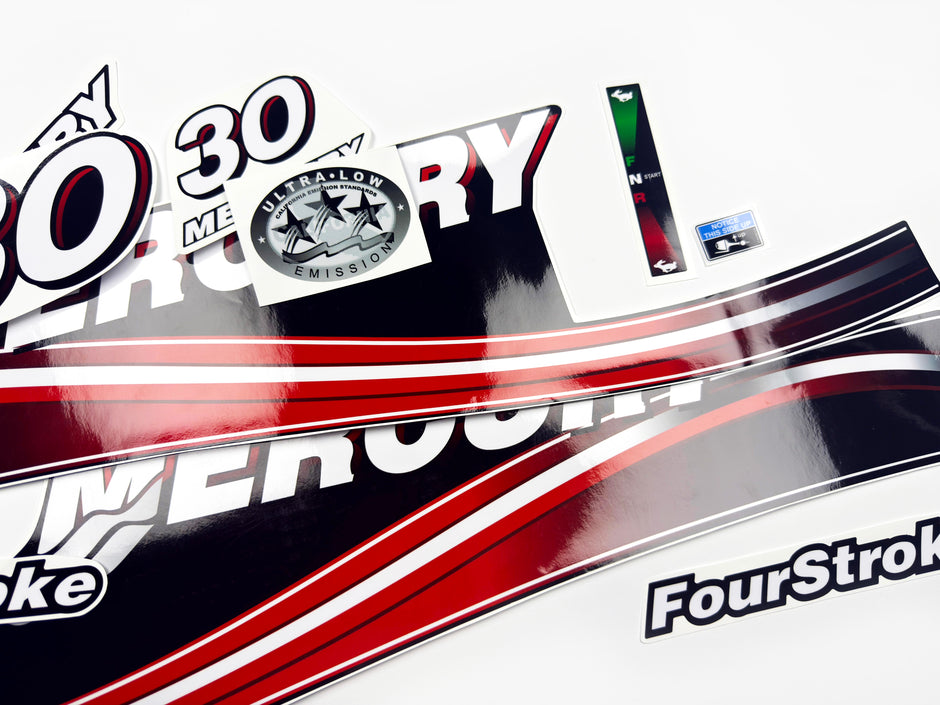 Vinyl graphic decals set suitable for Mercury 30 hp four stroke outboard engine. Vinyl stickers kit for Mercury 30 hp Handmade