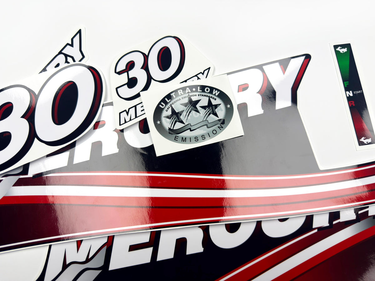 Vinyl graphic decals set suitable for Mercury 30 hp four stroke outboard engine. Vinyl stickers kit for Mercury 30 hp Handmade