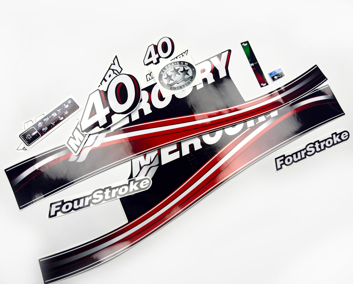 Vinyl graphic decals set suitable for Mercury 40 hp four stroke outboard engine. Vinyl stickers kit for Mercury 40 hp Handmade