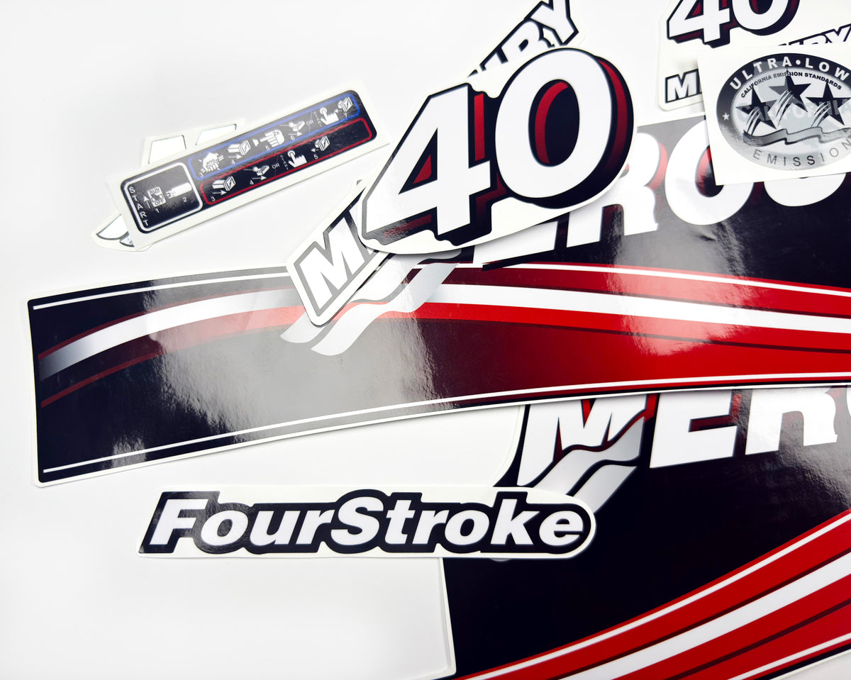 Vinyl graphic decals set suitable for Mercury 40 hp four stroke outboard engine. Vinyl stickers kit for Mercury 40 hp Handmade