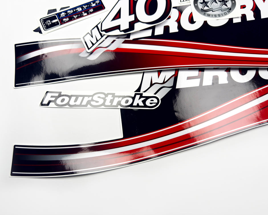 Vinyl graphic decals set suitable for Mercury 40 hp four stroke outboard engine. Vinyl stickers kit for Mercury 40 hp Handmade