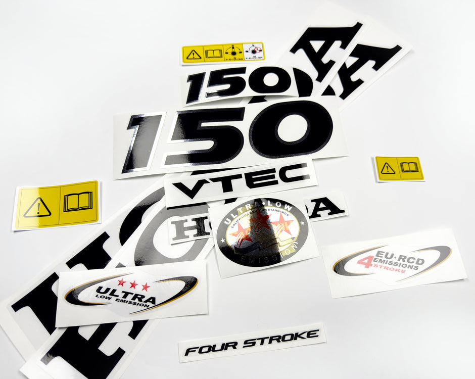 Vinyl graphic decals set chrome color suitable for Honda VTEC 150 hp four stroke outboard engine. Vinyl stickers kit for Honda 150 hp four stroke Handmade