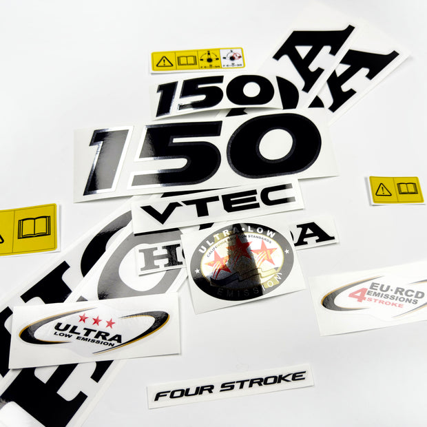 Vinyl graphic decals set chrome color suitable for Honda VTEC 150 hp four stroke outboard engine. Vinyl stickers kit for Honda 150 hp four stroke Handmade