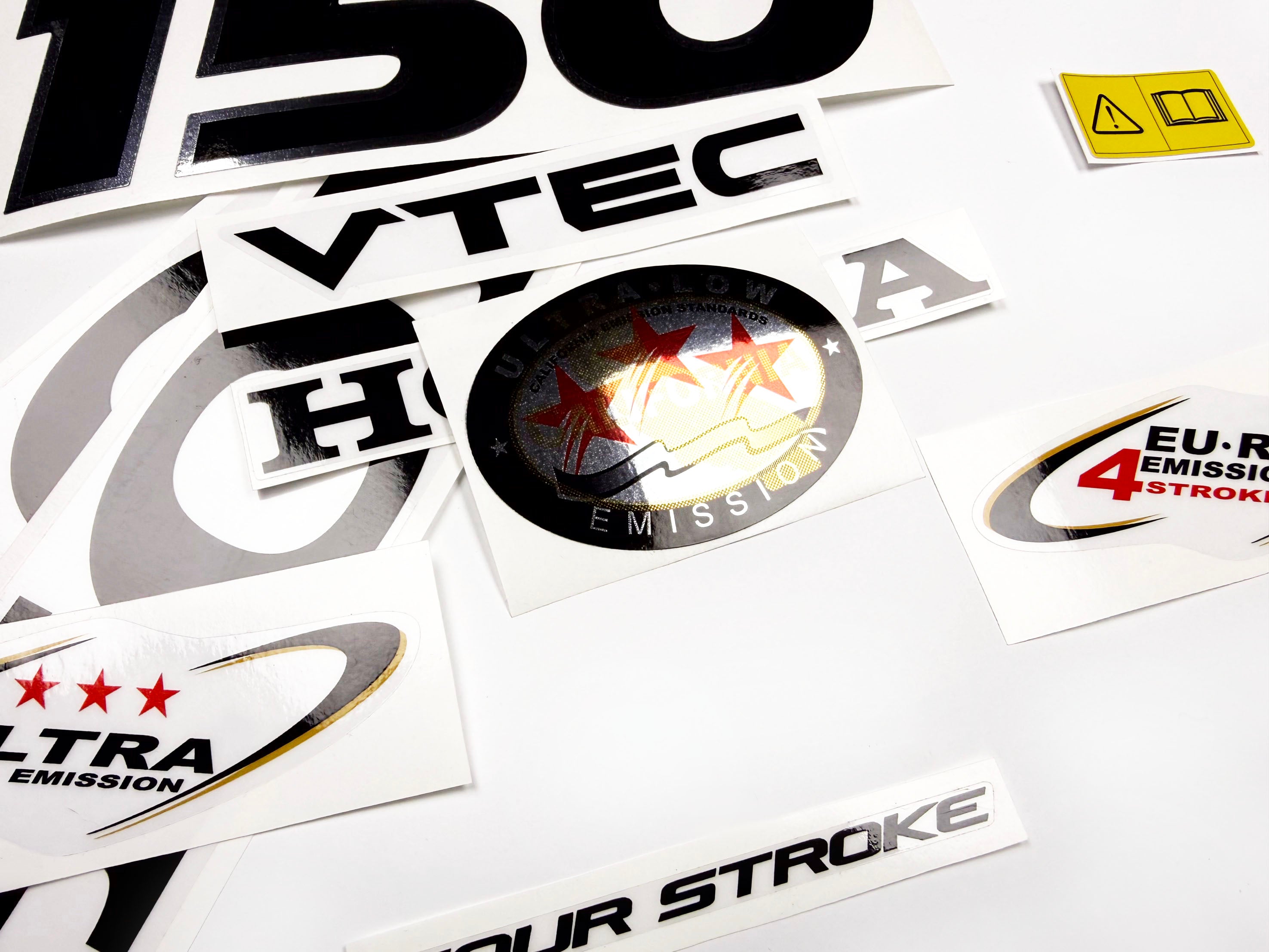 Vinyl graphic decals set chrome color suitable for Honda VTEC 150 hp four stroke outboard engine. Vinyl stickers kit for Honda 150 hp four stroke Handmade