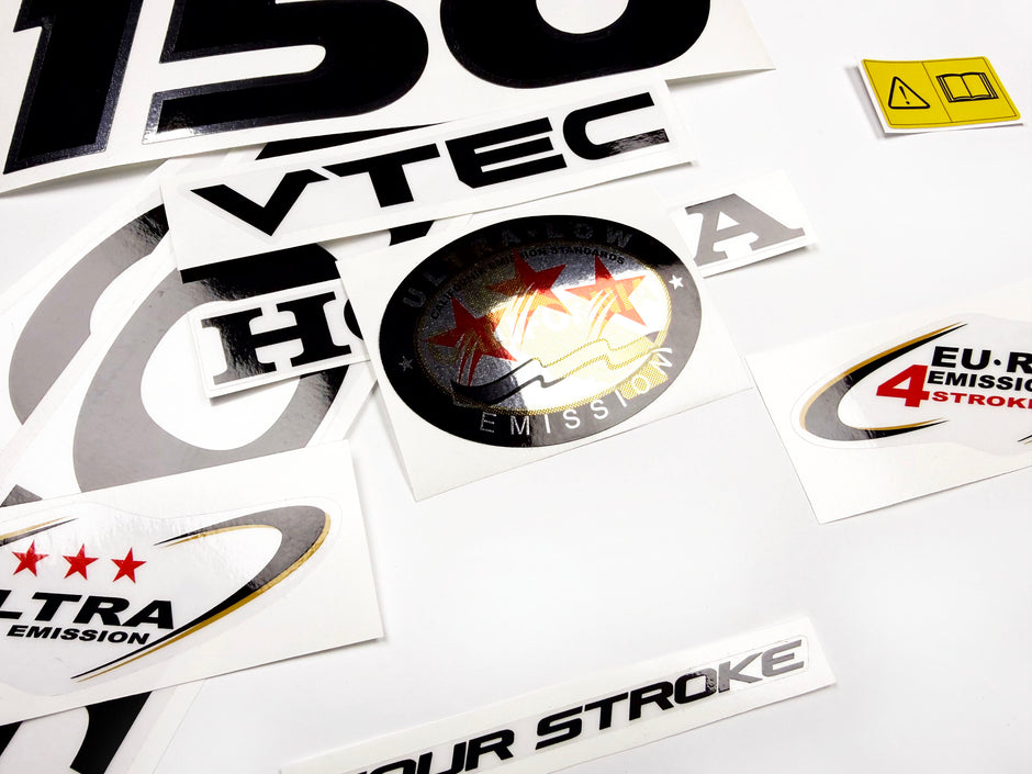 Vinyl graphic decals set chrome color suitable for Honda VTEC 150 hp four stroke outboard engine. Vinyl stickers kit for Honda 150 hp four stroke Handmade